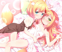 Rule 34 | 2girls, ahoge, animal ear fluff, animal ears, arm up, bare arms, bare shoulders, black dress, blonde hair, blue eyes, blush, braid, breasts, cleavage, closed mouth, commentary request, dress, feet out of frame, green eyes, hand up, looking at viewer, lying, multiple girls, on back, on bed, one eye closed, original, parted lips, petals, pillow, sleeveless, sleeveless dress, small breasts, strap slip, sui. (ayase), tail, white dress