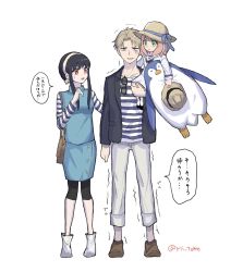 Rule 34 | 1boy, 2girls, anya (spy x family), black hair, black jacket, blonde hair, blue dress, blue eyes, blue ribbon, brown footwear, carrying, child, closed mouth, commentary request, dress, full body, green eyes, hairband, hand up, hat, hat ribbon, highres, holding, holding clothes, holding hat, holding stuffed toy, jacket, long sleeves, looking at another, multiple girls, open mouth, pants, pink hair, red eyes, ribbon, rii tome, shirt, short hair, sidelocks, simple background, speech bubble, spy x family, standing, striped clothes, striped shirt, stuffed animal, stuffed penguin, stuffed toy, sunglasses, translation request, trembling, turn pale, twilight (spy x family), twitter username, unworn hat, unworn headwear, white background, white dress, white footwear, white hairband, white pants, yor briar