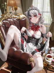 Rule 34 | 1girl, :/, absurdres, alternate costume, animal ear fluff, animal ears, apron, apron tug, bare shoulders, belt, black belt, black dress, black hair, blush, bow, bowtie, breasts, cat ears, cleavage, closed mouth, couch, cup, curtains, detached collar, dress, drink, ear piercing, enmaided, expressionless, frilled apron, frilled dress, frilled hairband, frills, garter straps, grey hair, hair bow, hair ornament, hairband, hairclip, heart, highres, holding, hololive, indoors, lamp, leaning back, leg up, looking at viewer, maid, maid apron, maid headdress, medium breasts, medium hair, multicolored hair, nail polish, no shoes, on couch, piercing, plaid, plaid bow, plaid bowtie, rasa k, red bow, red bowtie, red eyes, red nails, sakamata chloe, sidelocks, sitting, skirt hold, solo, spread legs, streaked hair, swept bangs, table, tea, teacup, thighhighs, two-tone dress, underbust, vase, virtual youtuber, white thighhighs, window, wrist cuffs, x hair ornament, zettai ryouiki