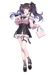 Rule 34 | 1girl, :d, bag, black bow, black footwear, black hair, black ribbon, black skirt, blush, bow, center frills, colored inner hair, commentary, frilled shirt, frilled skirt, frills, gomashio ponz, hair ornament, hair ribbon, highres, holding, holding bag, holding stuffed toy, long hair, long sleeves, looking at viewer, multicolored hair, off-shoulder shirt, off shoulder, onegai my melody, open mouth, original, pink shirt, platform footwear, polka dot, polka dot legwear, purple hair, red eyes, ribbon, sanrio, shirt, shoes, simple background, skirt, skull hair ornament, smile, socks, solo, stuffed toy, thigh strap, twintails, twitter username, white background