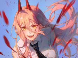 Rule 34 | &gt;:), 1girl, black necktie, blood, blood on face, blood spray, blue background, chainsaw man, collared shirt, demon horns, floating hair, hair between eyes, hemokinesis, highres, horns, long hair, looking at viewer, motion blur, necktie, open mouth, orange hair, portrait, power (chainsaw man), red horns, sharp teeth, shirt, simple background, smile, solo, teeth, v-shaped eyebrows, white shirt, yellow eyes, zieru