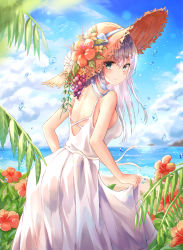 Rule 34 | 1girl, back, bare arms, bare shoulders, beach, blue eyes, blue sky, blurry, breasts, brown hat, closed mouth, clothes lift, cloud, cloudy sky, day, depth of field, dress, dress lift, flower, food, fruit, grapes, hat, hat flower, hat ribbon, hibiscus, highres, leaf, leaning forward, lens flare, lkeris, long hair, looking at viewer, looking back, medium breasts, ocean, original, outdoors, red flower, ribbon, silver hair, sky, sleeveless, sleeveless dress, solo, spaghetti strap, standing, strap slip, straw hat, sunlight, water, water drop, white dress