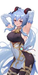 Rule 34 | 1girl, absurdres, ahoge, armpits, arms behind head, arms up, bantomin, bare shoulders, bell, black pantyhose, blue hair, blush, bodystocking, breasts, chinese knot, commentary, covered erect nipples, covered navel, cowboy shot, detached sleeves, flower knot, ganyu (genshin impact), genshin impact, gold trim, hair between eyes, high-waist skirt, highres, horns, large breasts, long hair, long sleeves, looking at viewer, miniskirt, neck bell, open mouth, pantyhose, purple eyes, redrawn, sideboob, simple background, skirt, solo, standing, sweat, tassel, thighlet, thighs, very long hair, vision (genshin impact), white background, white skirt, white sleeves