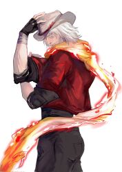Rule 34 | 1boy, black gloves, blue eyes, coat, dante (devil may cry), devil may cry (series), devil may cry 5, fingerless gloves, gloves, highres, holding, jacket, long hair, looking at viewer, male focus, simple background, smile, solo, white hair, yun nian162