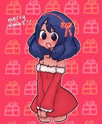 Rule 34 | 1girl, 4chan, artist request, asymmetrical bangs, blue eyes, blue hair, blush, blush stickers, bow, box, breasts, bury pink gril, christmas, colored skin, cowboy shot, dark-skinned female, dark skin, drawfag, dress, english text, fur trim, gift, headband, highres, medium hair, merry christmas, open mouth, own hands together, pink background, pink skin, red dress, red headband, s4s (4chan), santa dress, sidelocks, small breasts, solo, source request, strapless, strapless dress, striped headband, tareme, teeth, tongue