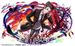 Rule 34 | 1boy, bird, black jacket, black necktie, cellphone, closed mouth, coat, collared shirt, crash fever, crow, feathers, grey pants, hair slicked back, hand on own hip, hand up, jacket, kaiki deishuu, looking at viewer, male focus, monogatari (series), narrowed eyes, necktie, official art, open clothes, open jacket, pants, phone, promotional art, shadow, shirt, solo, standing, suit jacket, trench coat, white shirt