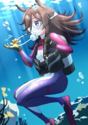 Rule 34 | 1girl, air bubble, animal ears, black gloves, bodysuit, breasts, brown hair, bubble, commission, diving, diving mask, diving regulator, diving suit, fish, flippers, gloves, goggles, hair over one eye, highres, horse ears, horse girl, hose, long hair, multicolored clothes, multicolored gloves, othiwo, oxygen tank, purple eyes, rice shower (umamusume), scuba, scuba gear, scuba tank, skeb commission, small breasts, solo, stirrup swimwear, submerged, umamusume, underwater, wetsuit, yellow gloves
