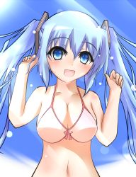 Rule 34 | 1girl, arms up, bikini, blue eyes, blue hair, breasts, day, guunome, hatsune miku, long hair, matching hair/eyes, medium breasts, quality, solo, string bikini, swimsuit, twintails, vocaloid