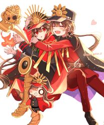 Rule 34 | belt, brother and sister, cape, family crest, fate/grand order, fate (series), fiery hair, gloves, hair between eyes, haniwa (statue), hat, heart, highres, long hair, long sleeves, low ponytail, military hat, military uniform, oda nobukatsu (fate), oda nobunaga (fate), oda uri, open mouth, peaked cap, ponytail, red cape, red eyes, siblings, simple background, sweatdrop, twitter username, uniform, very long hair, white background, white gloves, yui (tamagohan)