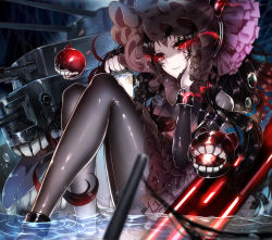 Rule 34 | 10s, 1girl, abyssal ship, black bow, black dress, black hair, black pantyhose, bonnet, bow, detached sleeves, dress, frilled dress, frills, glowing, glowing eyes, gothic lolita, hand on own cheek, hand on own face, horns, isolated island oni, kantai collection, lolita fashion, long hair, pale skin, pantyhose, red eyes, sa (h28085), smile, solo, tongue