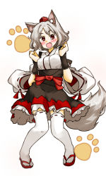 Rule 34 | 1girl, adapted costume, amonitto, animal ears, blush, detached sleeves, fang, gauntlets, hat, inubashiri momiji, long sleeves, open mouth, paw print, red eyes, sash, shirt, silver hair, simple background, skirt, smile, solo, tail, thighhighs, tokin hat, touhou, white background, white thighhighs, wide sleeves, wolf ears, wolf tail, zettai ryouiki