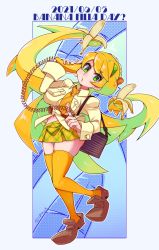 Rule 34 | 184nx, 1girl, alternate color, bag, banana, blonde hair, corded phone, eating, filia (skullgirls), food, fruit, green eyes, handbag, highres, long hair, navel, necktie, phone, pleated skirt, pursed lips, samson (skullgirls), school uniform, skirt, skullgirls, solo, thighhighs, tongue, tongue out