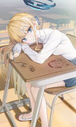 Rule 34 | 1girl, absurdres, black skirt, blonde hair, blue archive, blue eyes, blue halo, braid, breasts, chair, classroom, closed mouth, collared shirt, desk, ggoong (pooplambgoong22), halo, highres, holding, holding pen, indoors, long hair, long sleeves, looking at viewer, medium breasts, pen, pleated skirt, school chair, school desk, school uniform, shirt, shoes, sitting, skirt, solo, toki (blue archive), white footwear, white shirt