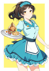 Rule 34 | 1girl, apron, back bow, blue shirt, blue skirt, border, bow, brown hair, burger, collarbone, contrapposto, cowboy shot, dress shirt, floating hair, food, grey bow, headdress, holding, holding plate, idolmaster, idolmaster million live!, kitazawa shiho, layered skirt, long hair, looking at viewer, miniskirt, open mouth, outline, outside border, plate, ponytail, shirt, short sleeves, skirt, solo, standing, touon, waist apron, white apron, white border, yellow background, yellow eyes