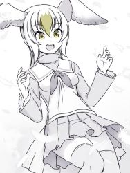 Rule 34 | 10s, 1girl, :d, bad id, bad pixiv id, common gull (kemono friends), cowboy shot, feathers, greyscale, head wings, kemono friends, long hair, long sleeves, looking at viewer, monochrome, multicolored hair, neckerchief, open mouth, pleated skirt, sailor collar, short hair, skirt, smile, solo, spot color, streaked hair, thighhighs, totokichi, white background, wings, yellow eyes