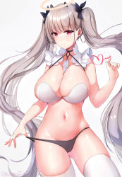 Rule 34 | 1girl, arm up, artist name, azur lane, between breasts, bikini, bikini pull, black ribbon, breasts, cleavage, clothes pull, cowboy shot, formidable (azur lane), grey hair, groin, hair ribbon, halo, heart, highres, horns, large breasts, long hair, looking at viewer, navel, red eyes, ribbon, showerz, skindentation, solo, stomach, swimsuit, thighhighs, thighs, twintails, very long hair, white thighhighs