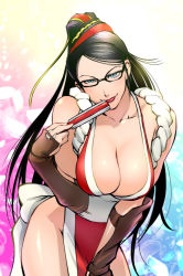 Rule 34 | 1girl, bare shoulders, bayonetta, bayonetta (series), bayonetta 1, black hair, blue eyes, breasts, cherry blossoms, cleavage, folded fan, collarbone, cosplay, fatal fury, female focus, fingerless gloves, folding fan, glasses, gloves, hair bun, hair ribbon, hand fan, hip focus, large breasts, leaning forward, lips, lipstick, long hair, looking at viewer, makeup, mole, mole under mouth, naughty face, pelvic curtain, red ribbon, revealing clothes, ribbon, shiranui mai, shiranui mai (cosplay), smile, snk, solo, the king of fighters, thighs, ueyama michirou, very long hair