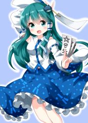 Rule 34 | 1girl, between fingers, blue background, blue ribbon, blue skirt, collared shirt, cowboy shot, detached sleeves, frilled skirt, frills, frog hair ornament, gohei, green hair, hair between eyes, hair ornament, hair tubes, highres, holding, kochiya sanae, long hair, looking at viewer, nontraditional miko, ofuda, ofuda between fingers, open mouth, patterned clothing, pentagram, ribbon, ribbon-trimmed sleeves, ribbon trim, ruu (tksymkw), shirt, simple background, skirt, smile, snake hair ornament, solo, standing, touhou, white shirt, wide sleeves