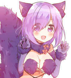 Rule 34 | blush, elbow gloves, eyes visible through hair, fate/grand order, fate (series), fur trim, gloves, hair over one eye, halloween costume, highres, mash kyrielight, mash kyrielight (dangerous beast), official alternate costume, ouhara lolong, paw pose, purple eyes, purple gloves, purple hair, short hair, smile, solo, white background