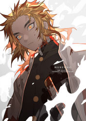Rule 34 | 1boy, angry, artist name, black jacket, blonde hair, blood, blood on clothes, blood on face, cape, closed mouth, facebook username, gradient hair, jacket, jewelry, kimetsu no yaiba, long hair, male focus, manfung, multicolored hair, red hair, rengoku kyoujurou, solo, sword, two-tone hair, uniform, upper body, weapon, white cape
