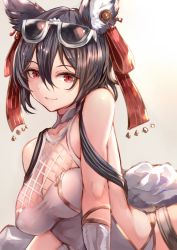 Rule 34 | 1girl, animal ears, bare shoulders, black hair, breasts, cleavage, closed mouth, collarbone, erune, eyewear on head, granblue fantasy, hair between eyes, hair ribbon, highres, ilsa34660285, large breasts, lips, looking at viewer, red eyes, red ribbon, ribbon, short hair, smile, solo, sukemyon, sunglasses, swimsuit, upper body