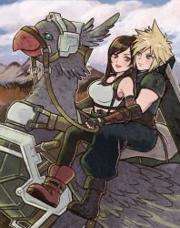 Rule 34 | 1boy, 1girl, armor, baggy pants, bare shoulders, bird, black gloves, black hair, black skirt, black thighhighs, blonde hair, blue eyes, blue sky, boots, breasts, buster sword, chocobo, closed mouth, cloud, cloud strife, cloudy sky, commentary request, couple, crop top, earrings, elbow gloves, final fantasy, final fantasy vii, final fantasy vii rebirth, final fantasy vii remake, fingerless gloves, from side, gloves, hand on another&#039;s stomach, highres, holding, holding reins, jewelry, large breasts, light blush, long hair, looking at another, midriff, mountainous horizon, open mouth, outdoors, pants, red eyes, red footwear, reins, rena s1226, riding, riding animal, short hair, shoulder armor, single arm guard, single earring, sitting, skirt, sky, sleeveless, sleeveless turtleneck, smile, spiked hair, suspender skirt, suspenders, sweatdrop, sweater, tank top, thighhighs, tifa lockhart, turtleneck, turtleneck sweater, weapon, weapon on back, white tank top