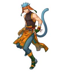 Rule 34 | 1boy, animal ears, bag, bandages, blue hair, boots, cat ears, cat tail, facial mark, fingerless gloves, fire emblem, fire emblem: path of radiance, fire emblem: radiant dawn, fire emblem heroes, full body, gloves, green eyes, headband, heterochromia, highres, indesign, male focus, nintendo, official art, purple eyes, ranulf, solo, tail, transparent background