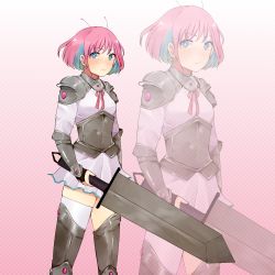 Rule 34 | 1girl, alternate costume, antennae, armor, blue eyes, blue hair, bright pupils, commentary, english commentary, fantasy, greaves, highres, holding, holding sword, holding weapon, looking to the side, manaka umio, multicolored hair, myholo tv, pink hair, purple skirt, short hair, single thighhigh, skirt, sktar, solo, streaked hair, sword, thighhighs, v-shaped eyebrows, virtual youtuber, weapon, white pupils, zoom layer