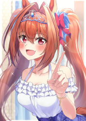 Rule 34 | 1girl, :d, absurdres, animal ears, blue skirt, blush, collarbone, commentary request, daiwa scarlet (umamusume), fang, frilled shirt, frills, hair between eyes, hair ribbon, highres, horse ears, horse girl, horse tail, index finger raised, long hair, looking at viewer, open mouth, red eyes, red hair, red ribbon, ribbon, shaka (staito0515), shirt, skin fang, skirt, sleeveless, sleeveless shirt, slit pupils, smile, solo, tail, tiara, twintails, umamusume, white shirt