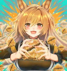Rule 34 | 1girl, 3 (sanyako1), animal ears, arknights, black shirt, blouse, breasts, brown hair, ceobe (arknights), dog ears, dog girl, dripping, drooling, fangs, food, highres, holding, holding food, honey, infection monitor (arknights), large breasts, long hair, pink eyes, shirt, smile, solo, tagme