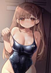 Rule 34 | 1girl, breasts, brown eyes, brown hair, cleavage, closed mouth, collarbone, commentary request, highres, kodama (sakura yuki), large breasts, long hair, looking at viewer, one-piece swimsuit, original, sakura yuki (clochette), solo, swimsuit, two side up, wet