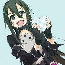 Rule 34 | 1boy, androgynous, armor, black eyes, black gloves, black hair, black jacket, blue background, breastplate, collarbone, commentary request, fingerless gloves, gloves, hair between eyes, happy, heart, highres, holding, holding heart, jacket, kirito, kirito (sao-ggo), long hair, looking at viewer, male focus, shikei, simple background, sword art online, tongue, trap, white day