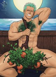 Rule 34 | 1boy, abs, alternate body hair, armpit hair, armpits, artist name, bara, blake alexander, boat, chest hair, completely nude, covering privates, covering crotch, earrings, food, fruit, full moon, green hair, grin, highres, holding, jewelry, large pectorals, male focus, moon, muscular, muscular male, nipples, nude, one eye closed, one piece, orange (fruit), pectorals, roronoa zoro, short hair, single earring, smile, solo, star (sky), teeth, thick thighs, thighs, watercraft