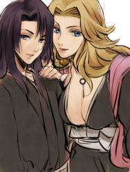 Rule 34 | 1boy, 1girl, ayasegawa yumichika, bleach, blonde hair, blue eyes, breasts, cleavage, hand on another&#039;s shoulder, japanese clothes, jewelry, large breasts, long hair, looking at viewer, matsumoto rangiku, mole, necklace, parted lips, purple eyes, purple hair, smile, yukin (es)