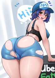 Rule 34 | 1girl, aqua shorts, ass, ass focus, baseball cap, blue hair, blush, brand name imitation, breasts, c (theta), cameltoe, cleft of venus, dark blue hair, delivery, english text, food delivery box, hat, heart, highres, idolmaster, idolmaster million live!, large breasts, leaning forward, looking at viewer, looking back, notice lines, shorts, smile, solo, spoken heart, sports bra, thick thighs, thighs, torn clothes, torn shorts, toyokawa fuka, uber eats