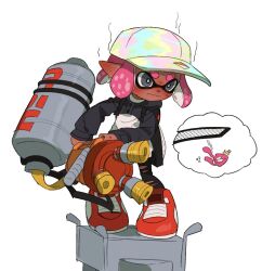 Rule 34 | 1girl, ^^^, baseball cap, black pants, commentary request, dark-skinned female, dark skin, full body, grate, grey eyes, gun, hat, holding, holding gun, holding weapon, hydra splatling (splatoon), ikki (gsl 9708), inkling, inkling girl, inkling player character, korean commentary, nintendo, pants, pink hair, red footwear, shoes, short hair, solo, splatoon (series), splatoon 3, squid, standing, sweat, tentacle hair, thick eyebrows, thought bubble, torn clothes, torn pants, wavy mouth, weapon