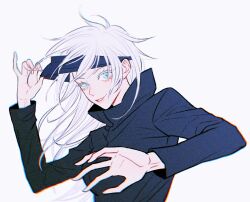 Rule 34 | 1girl, black blindfold, black jacket, blindfold, blindfold lift, blue eyes, breasts, chinese commentary, chromatic aberration, genderswap, genderswap (mtf), gojou satoru, grin, hand up, hanlutt, high collar, highres, jacket, jujutsu kaisen, long hair, long sleeves, looking at viewer, medium breasts, simple background, smile, solo, upper body, white background, white hair