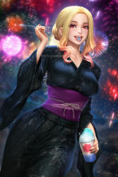 Rule 34 | 1girl, black kimono, blonde hair, breasts, collarbone, commentary, dutch angle, english commentary, firework background, fireworks, gradient hair, hair bun, highres, holding, japanese clothes, kimono, kitagawa marin, long hair, looking at viewer, medium breasts, multicolored hair, neoartcore, parted bangs, purple sash, red eyes, red hair, sash, sidelocks, single hair bun, solo, sono bisque doll wa koi wo suru, tongue, tongue out