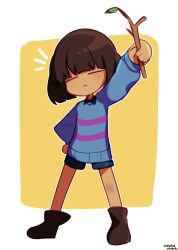 Rule 34 | 1other, arm up, artist name, blue shorts, blue sweater, bob cut, boots, brown footwear, closed eyes, closed mouth, commentary, dark skin, dated, frisk (undertale), hand on own hip, head tilt, highres, holding, holding stick, korean commentary, leaf, notice lines, outline, outside border, pink sweater, short hair, short shorts, shorts, signature, smug, spread legs, standing, stick, sweater, two-tone sweater, undertale, v-shaped eyebrows, white outline, wongang, yellow background