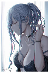 Rule 34 | 1girl, ak-12 (girls&#039; frontline), black bra, black choker, blunt bangs, bra, bracelet, breasts, choker, cleavage, closed eyes, eyelashes, from side, girls&#039; frontline, grey hair, hand up, highres, jewelry, large breasts, long hair, parted lips, ponytail, profile, selcky, sidelocks, sideways mouth, signature, smile, solo, strap slip, underwear, undressing, upper body