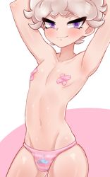 Rule 34 | 1boy, armpits, arms up, bad id, bad pixiv id, bede (pokemon), blonde hair, blush, briefs, bulge, character print, closed mouth, commentary, covered erect nipples, cowboy shot, creatures (company), curly hair, eyelashes, game freak, gen 8 pokemon, hatenna, highres, looking at viewer, male focus, male underwear, navel, nintendo, pasties, pokemon, pokemon swsh, purple eyes, shiny skin, short hair, sleepy (mu68968), smile, solo, striped male underwear, underwear
