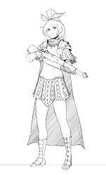Rule 34 | 1girl, absurdres, anachronism, armor, boots, cape, commentary, english commentary, faulds, greco-roman clothes, greyscale, gun, highres, holding, holding gun, holding weapon, less, looking at viewer, monochrome, original, pauldrons, plume, rifle, roman clothes, sandals, short hair, shoulder armor, simple background, smile, solo, standing, toeless footwear, weapon, white background