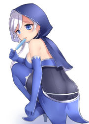 Rule 34 | 1girl, ass, bare shoulders, blue eyes, bodysuit, capelet, commentary request, elbow gloves, food, gloves, high heels, highres, holding, holding food, hood, hood up, long hair, looking at viewer, looking back, neit ni sei, open mouth, original, pencil skirt, popsicle, shiny skin, sidelocks, silver hair, simple background, skirt, solo, squatting, thighhighs, white background
