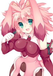 Rule 34 | 1girl, :d, ahoge, animal ears, aqua eyes, bare shoulders, black pantyhose, blush, bodystocking, breasts, covered navel, detached sleeves, eyes visible through hair, floppy ears, gloves, large breasts, long sleeves, looking at viewer, open mouth, panties, panties over pantyhose, pantyhose, pink hair, rabbit ears, rabbit tail, raised eyebrows, seraphita, short hair, simple background, skin tight, smile, solo, teeth, tongue, turtleneck, underwear, white background, white gloves, white panties, xenogears