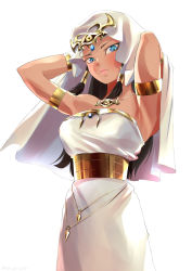Rule 34 | 1girl, absurdres, armlet, armpits, arms behind head, backlighting, belt, black hair, blue eyes, bracelet, closed mouth, commentary request, dark skin, dark-skinned female, dress, egyptian, expressionless, gold bracelet, hair tubes, highres, ishizu ishtar, jewelry, looking at viewer, millennium necklace, oze (xyz go go11), partial commentary, solo, standing, strapless, strapless dress, twitter username, veil, white dress, yu-gi-oh!