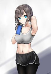 Rule 34 | 1girl, absurdres, arm up, armpits, blue eyes, bottle, breasts, collarbone, fingernails, grey hair, highres, holding, holding bottle, looking at viewer, navel, original, ryuudg, shadow, short hair, short shorts, shorts, signature, simple background, small breasts, smile, sports bra, sportswear, stomach, sweat, thighhighs, water bottle, white background