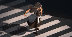Rule 34 | 1girl, alternate costume, apron, arknights, black footwear, black pantyhose, brown dress, brown hair, closed mouth, commentary request, crosswalk, day, dress, enmaided, floating hair, frilled apron, frills, green eyes, highres, long hair, looking at viewer, looking to the side, maid, maid headdress, outdoors, pantyhose, puffy short sleeves, puffy sleeves, ringlets, shoes, short sleeves, sin., solo, standing, swire (arknights), very long hair, white apron