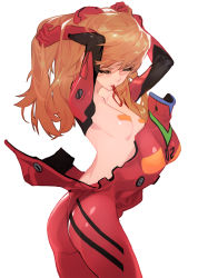 Rule 34 | 1girl, absurdres, adjusting hair, ass, bandaid, bandaids on nipples, blonde hair, breasts, closed eyes, collarbone, contrapposto, cowboy shot, grandia lee, hairpods, highres, long hair, mouth hold, neon genesis evangelion, no bra, orange hair, pasties, perky breasts, plugsuit, simple background, skin tight, skinny, small breasts, solo, souryuu asuka langley, two side up, tying hair, white background