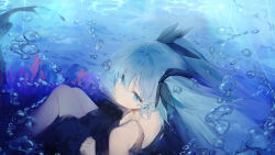 Rule 34 | 1girl, absurdres, air bubble, blue eyes, blue hair, bubble, dress, expressionless, hair ornament, hatsune miku, highres, long hair, looking at viewer, looking back, mihoranran, shinkai shoujo (vocaloid), sleeveless, sleeveless dress, solo, twintails, underwater, vocaloid, water