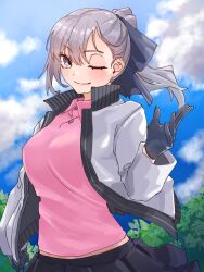 Rule 34 | 1girl, ;d, black gloves, blue sky, blush, breasts, cloud, day, gloves, grey eyes, grey hair, highres, jacket, long hair, looking at viewer, niwaikanai, one eye closed, open mouth, original, outdoors, pleated skirt, skirt, sky, smile, solo